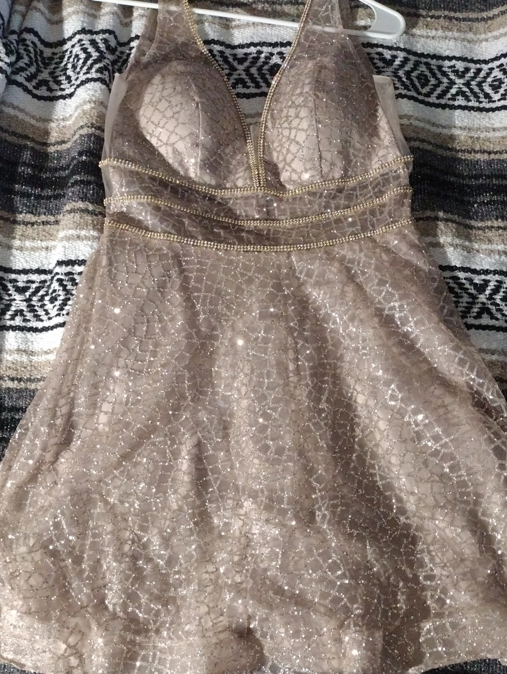 Sparkling Taupe Halter Dress with Gold Trim